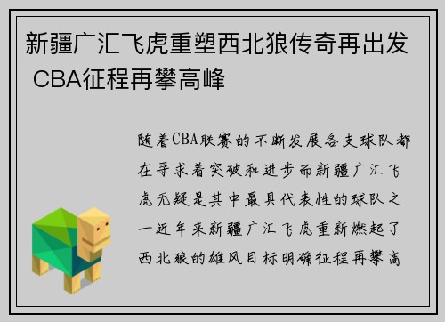 新疆广汇飞虎重塑西北狼传奇再出发 CBA征程再攀高峰